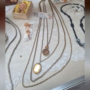 Vintage Goldette Layered Chain Necklace with Gold Locket and Glass Cameo